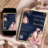 美しい花柄のネイビーQRコード アナンド・カラージ シーク婚礼招待状 招待状