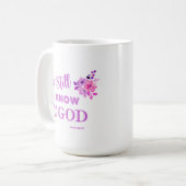 美しい花柄のマグカップ キリスト教の名言 紫とピンク 「静かにして、知れ」詩篇46:10, , 信 コーヒーマグカップ (正面左)