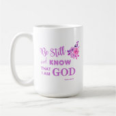 美しい花柄のマグカップ キリスト教の名言 紫とピンク 「静かにして、知れ」詩篇46:10, , 信 コーヒーマグカップ (左)