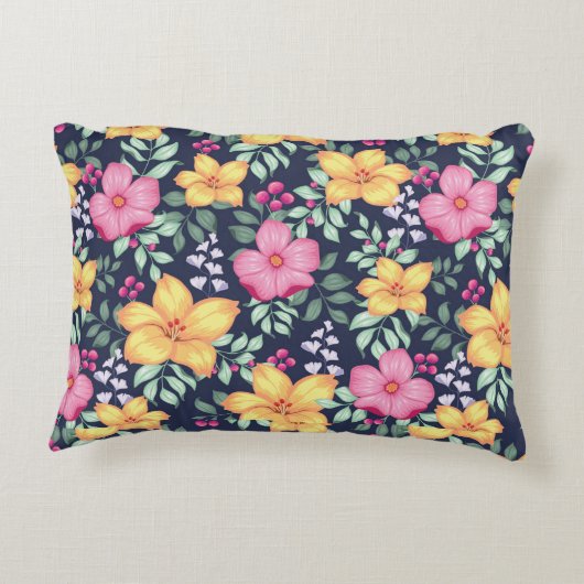 美しい花柄の花々葉ブルーピンク アクセントクッション (裏面)