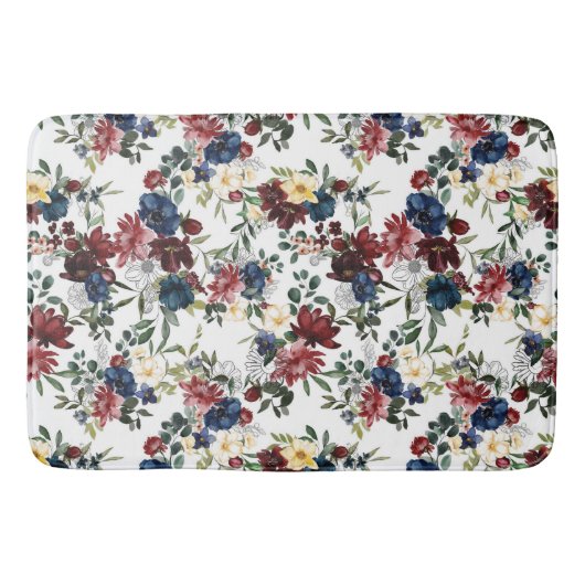 美しい花柄の花ブルーレッドイエロー バスマット (正面)