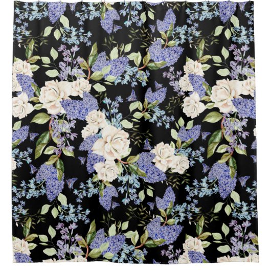 美しい花柄の薄紫バラ葉 シャワーカーテン (正面)