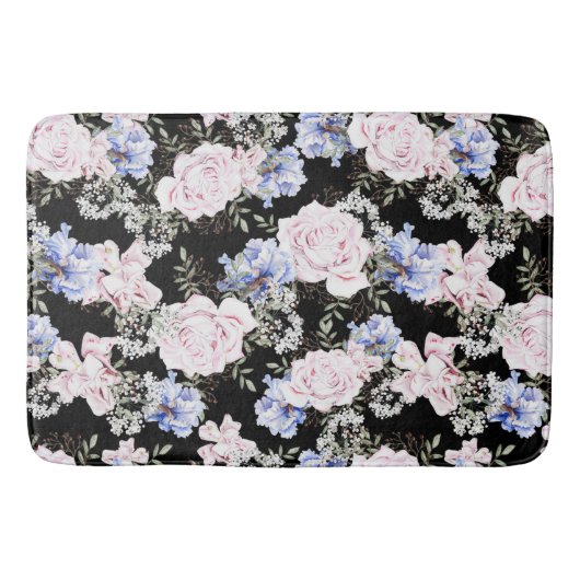 美しい花柄 ローズ アイリス ピンク ブルー バスマット (正面)