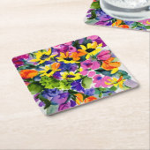 美しい花柄、明るい黄色とピンク。 スクエアペーパーコースター (アングル)