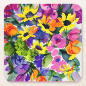 美しい花柄、明るい黄色とピンク。 スクエアペーパーコースター (正面)