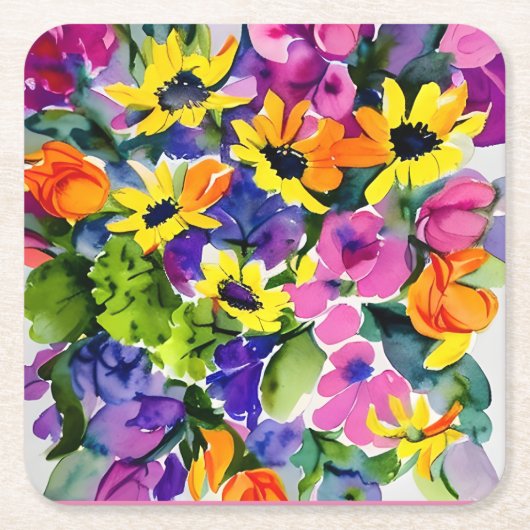 美しい花柄、明るい黄色とピンク。 スクエアペーパーコースター (正面)