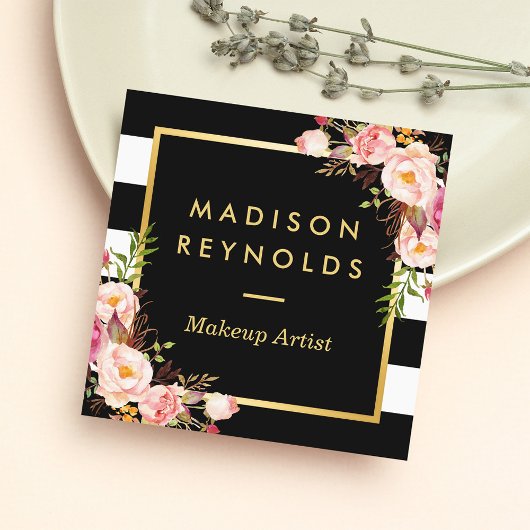 美しい花模様のゴールドフレーム 黒白ストライプ スクエア名刺