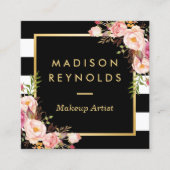 美しい花模様のゴールドフレーム 黒白ストライプ スクエア名刺 (正面)