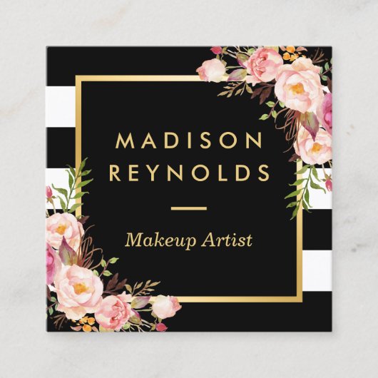 美しい花模様のゴールドフレーム 黒白ストライプ スクエア名刺 (正面)