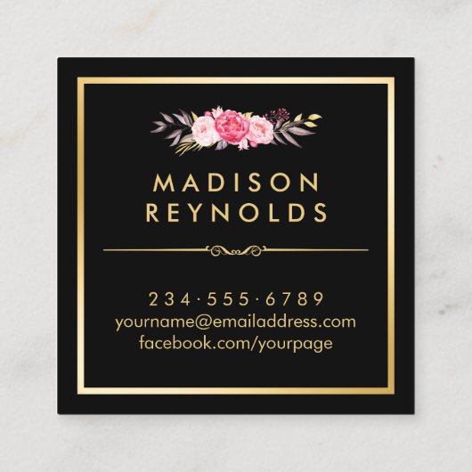 美しい花模様のゴールドフレーム 黒白ストライプ スクエア名刺 (裏面)