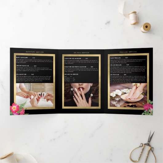 美しい花模様ネイルサロンブラックパンフレット 三つ折りカード (内部)