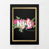 美しい花模様ネイルサロンブラックパンフレット 三つ折りカード (カバー)