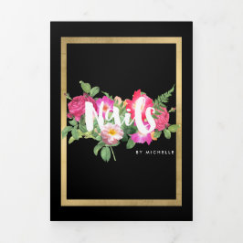 美しい花模様ネイルサロンブラックパンフレット 三つ折りカード