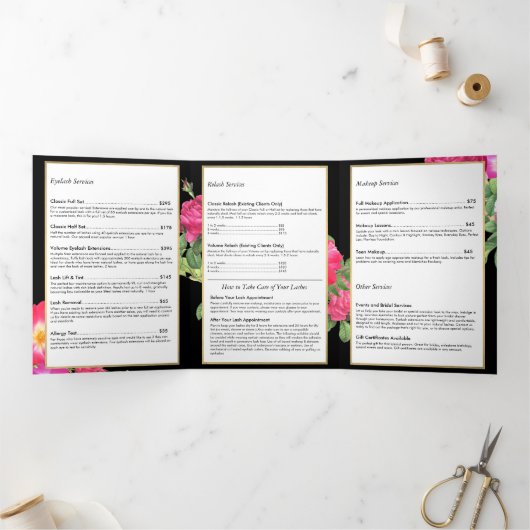 美しい花模様Lash Extensionsブラックパンフレット 三つ折りカード (内部)