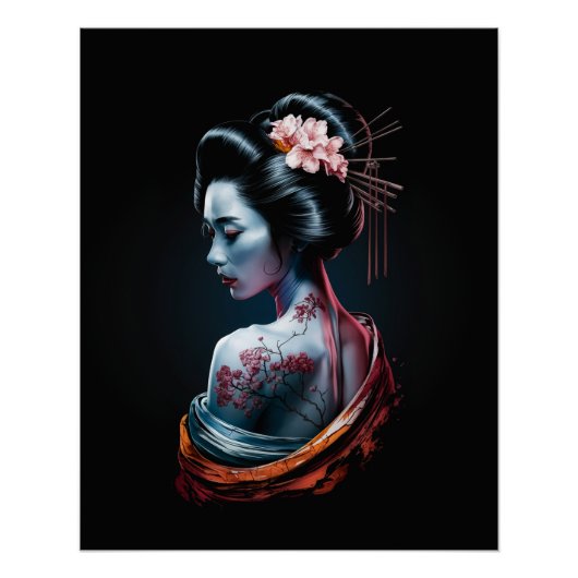 美しい芸者アートプリント – 黒い背景 ポスター (正面)