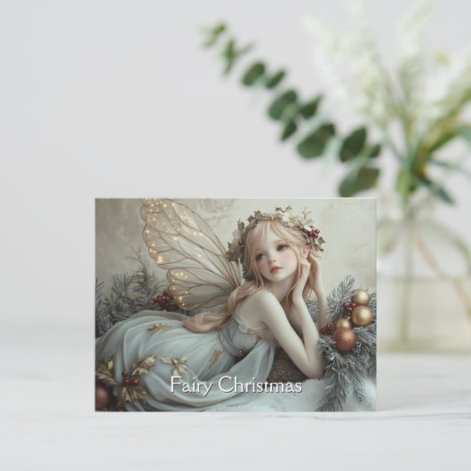 美しい若いクリスマスの妖精の金色の翼 ポストカード (スタンド正面)