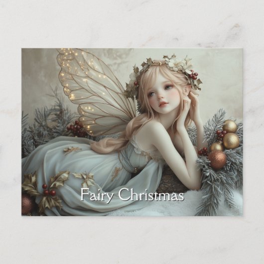 美しい若いクリスマス妖精の金の翼 ポストカード (正面)