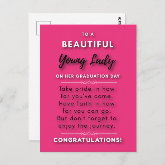 美しい若い女性のための卒業式2日目にお祝いメッセージ ポストカード (正面/裏面)