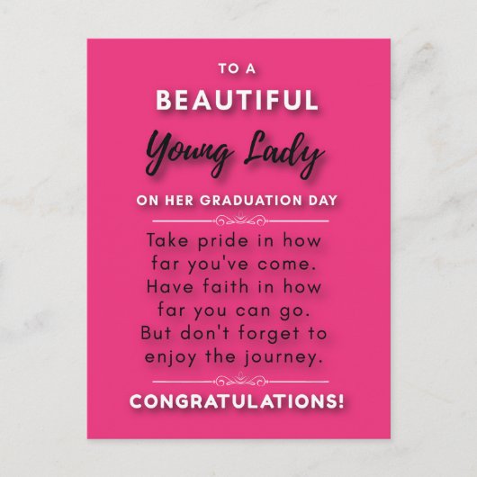 美しい若い女性のための卒業式2日目にお祝いメッセージ ポストカード (正面)