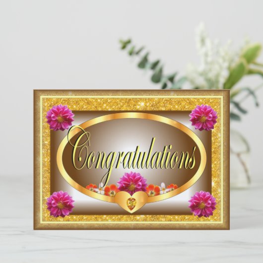 美しい茶色のフローラデザインおめでとうカード 招待状 (スタンド正面)