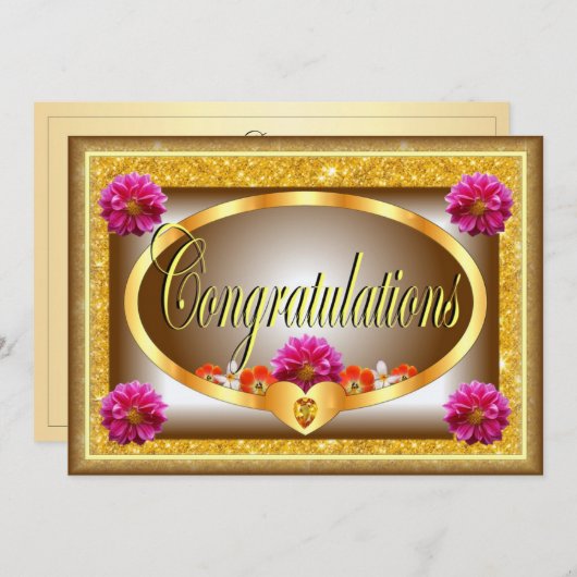 美しい茶色のフローラデザインおめでとうカード 招待状 (正面/裏面)