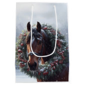 美しい茶色の白い馬の馬乗り動物の愛 ミディアムペーパーバッグ (裏面)