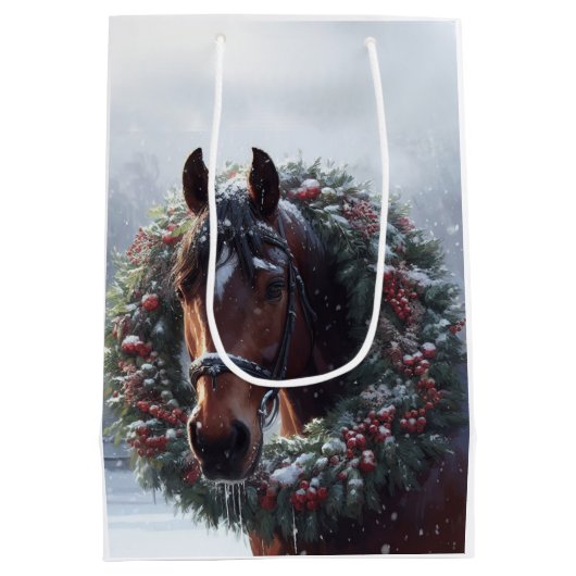 美しい茶色の白い馬の馬乗り動物の愛 ミディアムペーパーバッグ (裏面)