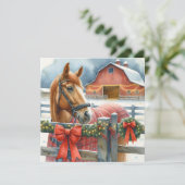 美しい茶色の馬と祭りのある納屋のクリスマス シーズンカード (スタンド正面)