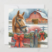 美しい茶色の馬と祭りのある納屋のクリスマス シーズンカード (正面)