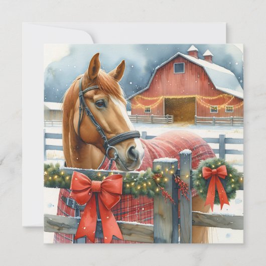 美しい茶色の馬と祭りのある納屋のクリスマス シーズンカード (正面)