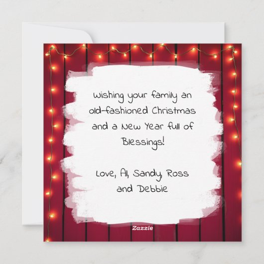 美しい茶色の馬と祭りのある納屋のクリスマス シーズンカード (裏面)