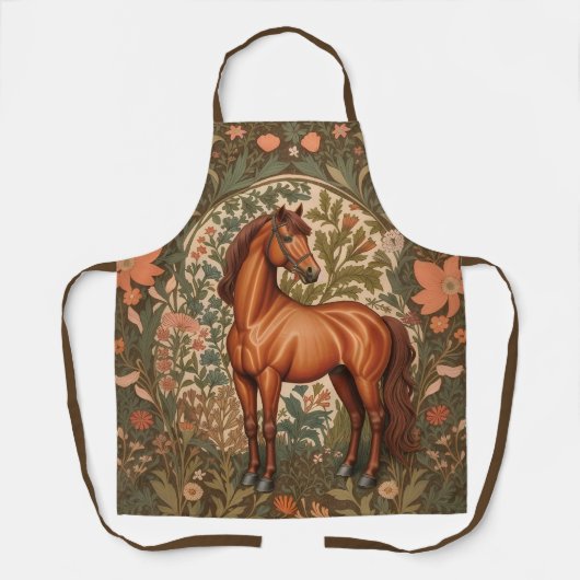 美しい茶色の馬 ウィリアム・モリス風デザイン エプロン (正面)