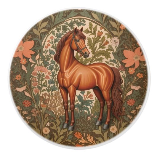 美しい茶色の馬 ウィリアム・モリス風デザイン  セラミックノブ (正面)