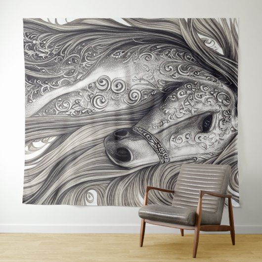 美しい華美シルバーグレーの馬と流れるマネ タペストリー (インサイチュ(横))