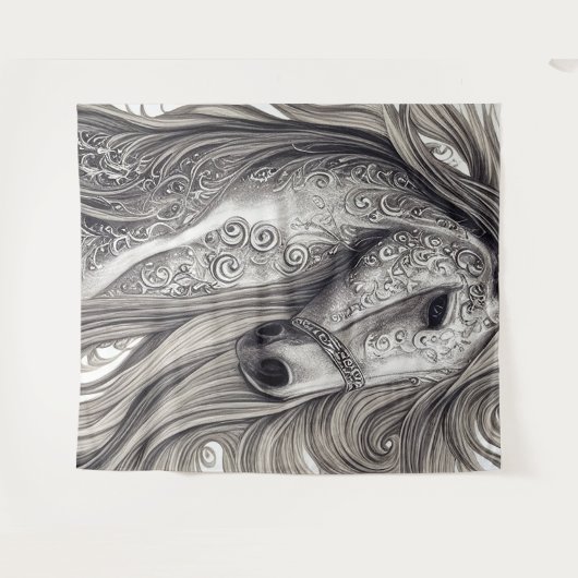 美しい華美シルバーグレーの馬と流れるマネ タペストリー (正面(横))