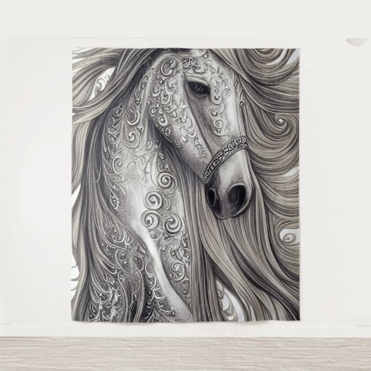 美しい華美シルバーグレーの馬と流れるマネ タペストリー (正面)