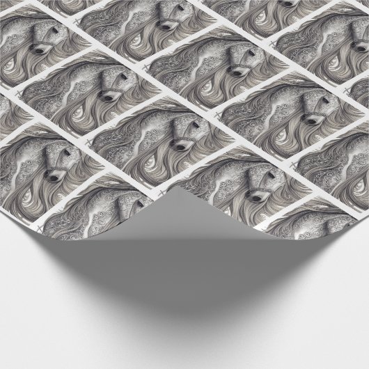 美しい華美シルバーグレーの馬と流れるマネ ラッピングペーパー (角)