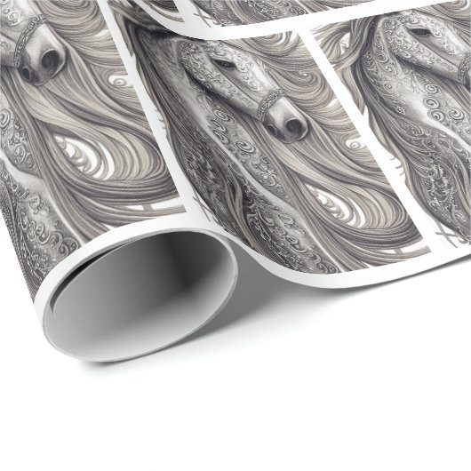 美しい華美シルバーグレーの馬と流れるマネ ラッピングペーパー (ロールコーナー)