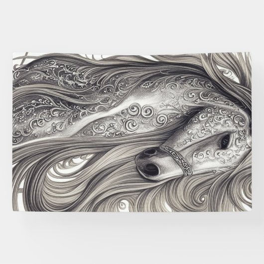 美しい華美シルバーグレーの馬と流れるマネ 横断幕 (横)