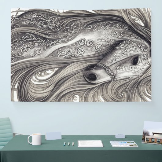 美しい華美シルバーグレーの馬と流れるマネ 横断幕 (トレードショー)