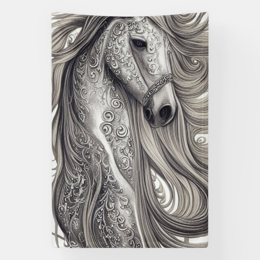 美しい華美シルバーグレーの馬と流れるマネ 横断幕 (縦)
