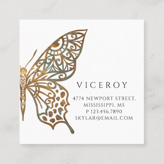 美しい華美装飾蝶のロゴブラック スクエア名刺 (裏面)