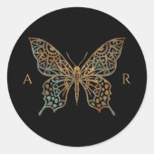美しい華美装飾蝶のロゴブラック ラウンドシール (正面)