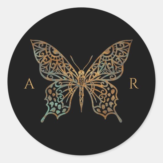 美しい華美装飾蝶のロゴブラック ラウンドシール (正面)