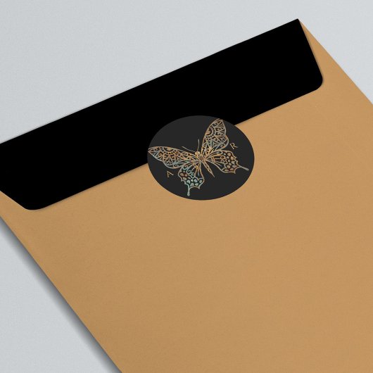 美しい華美装飾蝶のロゴブラック ラウンドシール