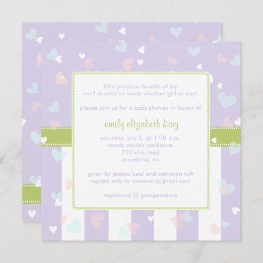 美しい薄紫と小さなハートのベビーシャワー 招待状 (正面/裏面)