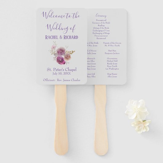 美しい薄紫ウォーターカラーフラワー結婚式 プログラム ハンドファン (正面&裏面)