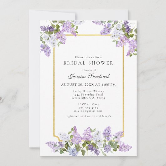 美しい薄紫フローラブライダルシャワー 招待状 (正面)