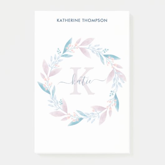 美しい薄紫水色フローラリースモノグラム ポストイット (正面)