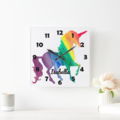 美しい虹のユニコーンパーソナライズされたキッズガーリー スクエア壁時計 (ホーム)